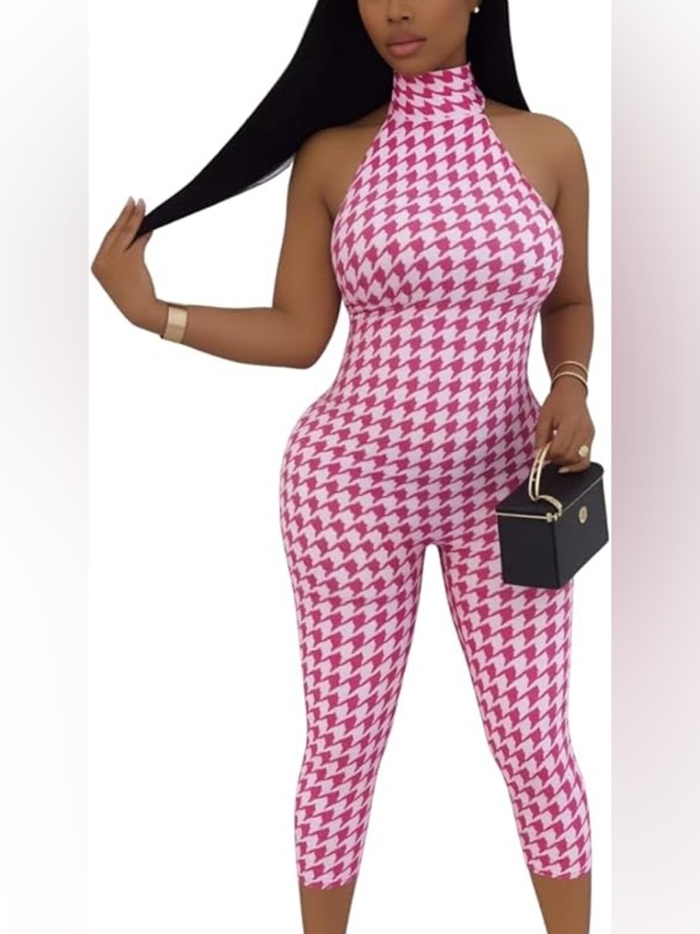 Houndstooth Halter Backless Capri Jumpsuit